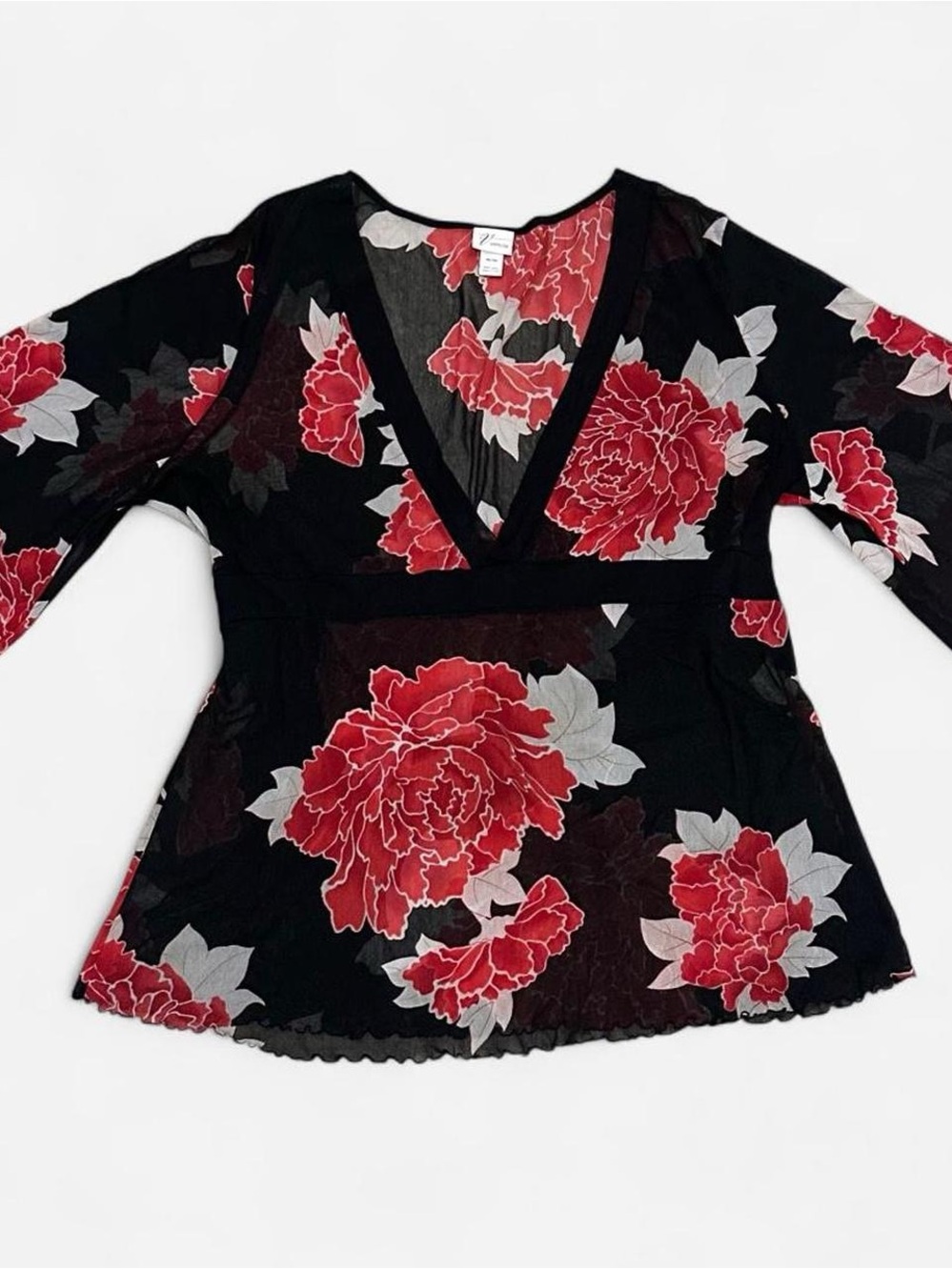 Y2K Floral VNeck Babydoll Blouse Venezia black/red with Peonnies